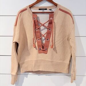 Scotch & Soda Lace Up Sweatshirt Beige Cropped Pullover XS Boho Beach Boat